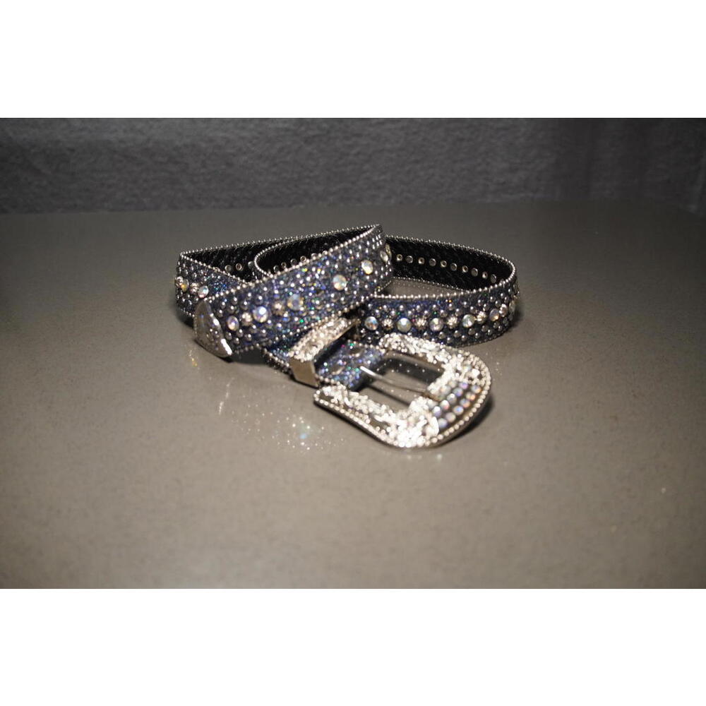Black Rhinestone Studded Belt with Decorative Silver Buckle
